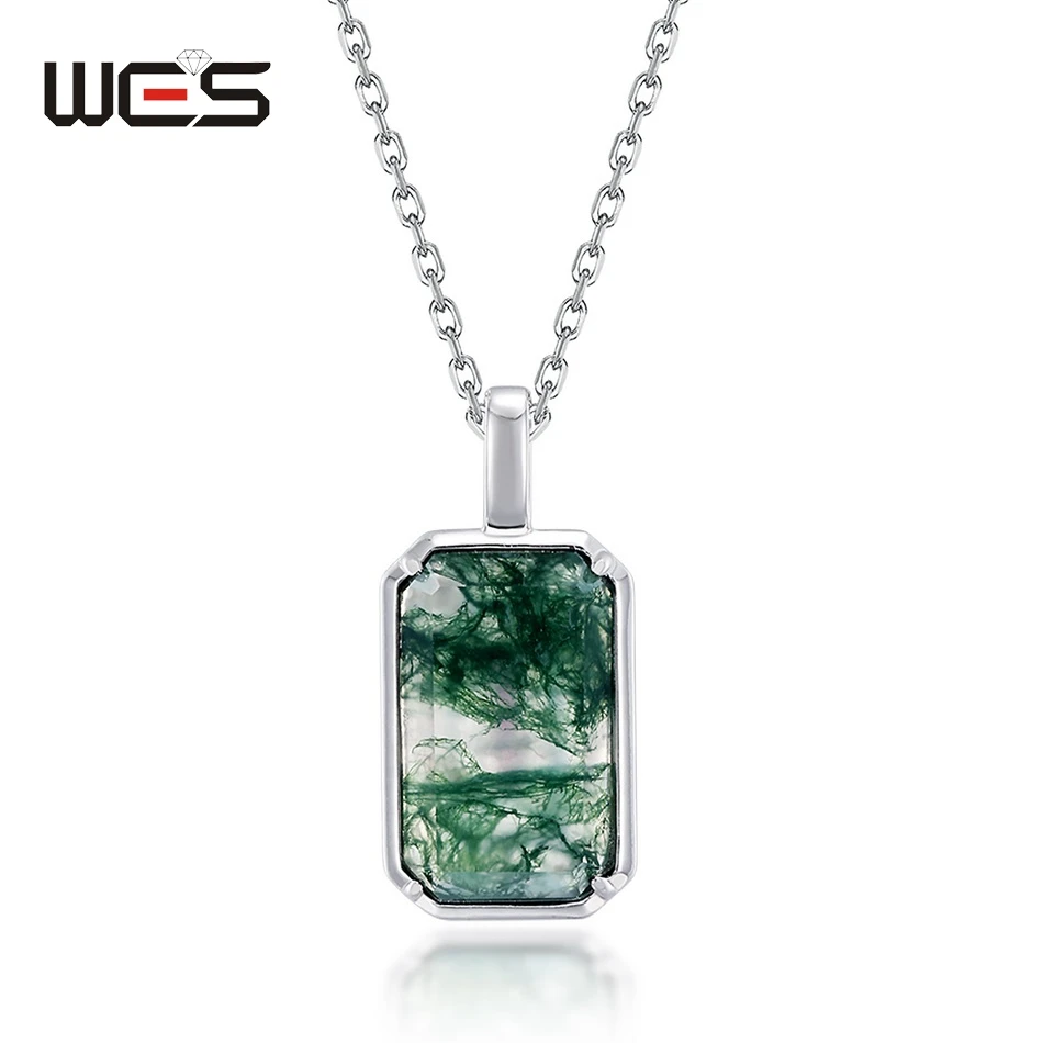 

WES 925 Sterling Silver Pendant Necklace for Woman Natural Gemstone 8*13mm Moss Agate Christmas Wedding Gifts Fine Jewelry