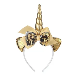 Unicorn Sequin Ribbon Bow Hairband for Kids - Cute Party & Photography Prop (Gold)