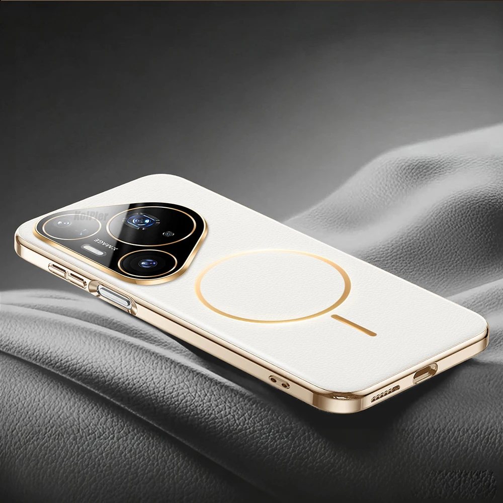 Magnetic Plating Leather Phone Case with Full Lens Protection & Wireless Charging Support