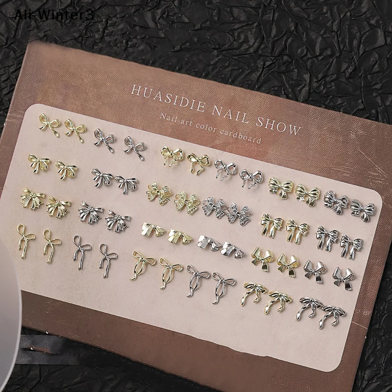 50개 골드/실버/화이트 메탈 합금 리본 보우 매니큐어 장식 3D 럭셔리 메탈 보우 매니큐어 부품 매니큐어 액세서리