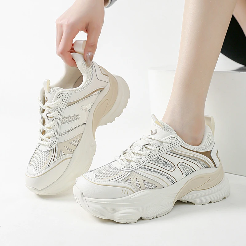 

Mesh Comfortable Ladies Fashion Platform Genuine Leather Versatile Breathable Women's Casual Chunky Sneakers Casual Shoes 35-40