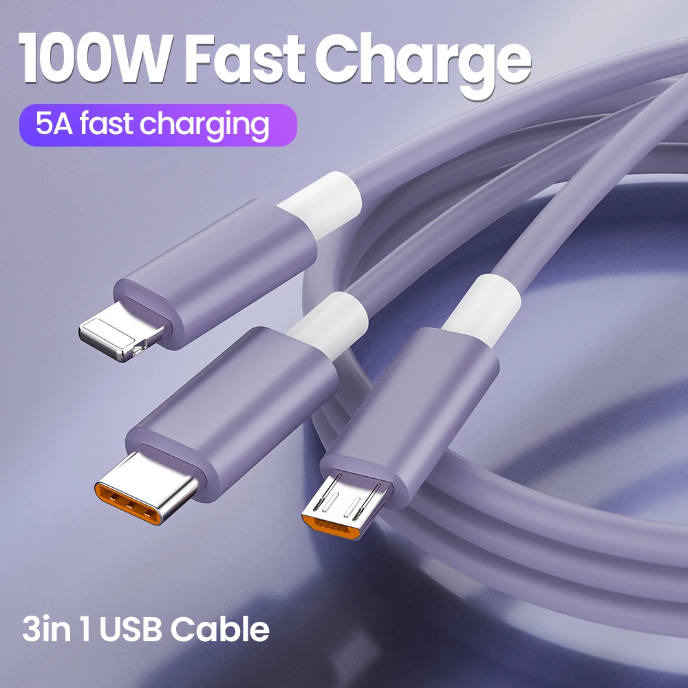

Кабель зарядный 3 в 1, 100 Вт, Micro USB Type-C, жидкий силикон