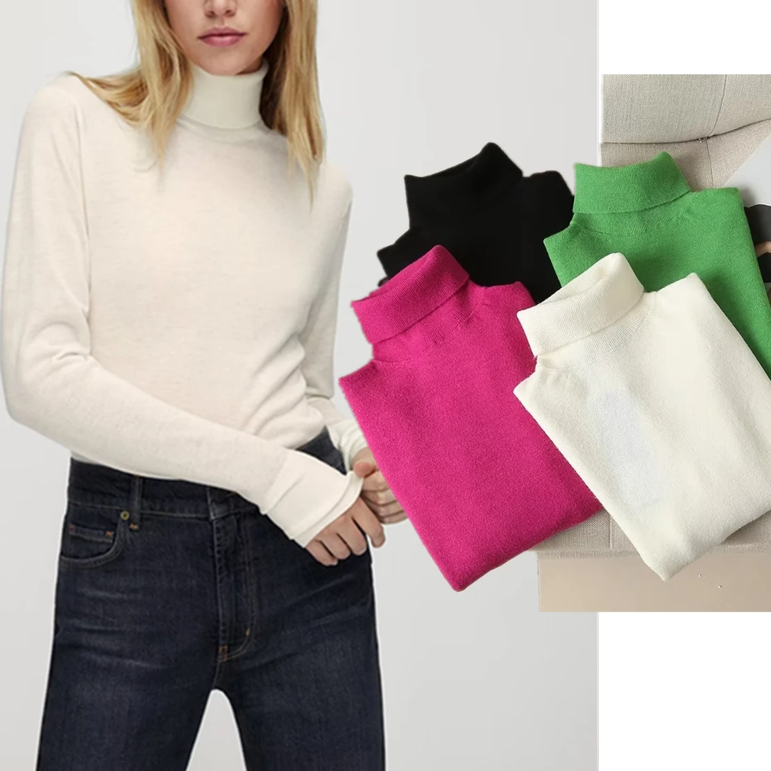

Elmsk Fashion Candy Color Wool Turtleneck Elegant Solid Sweaters Women Tops
