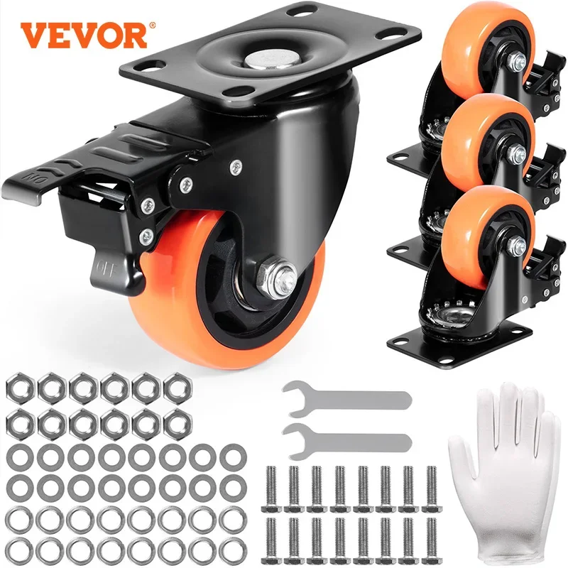 

VEVOR Caster Wheels 3inch Swivel Plate Casters Security A/B Locking No Noise PVC Non-Marking Wheels for Cart Furniture Workbench