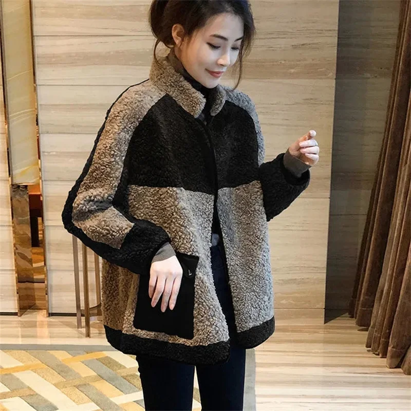 Spliced Lamb Fur Fur One Female Coat Loose Thickened Casual Coat European Station 2023 Autumn and Winter New Women's Commute