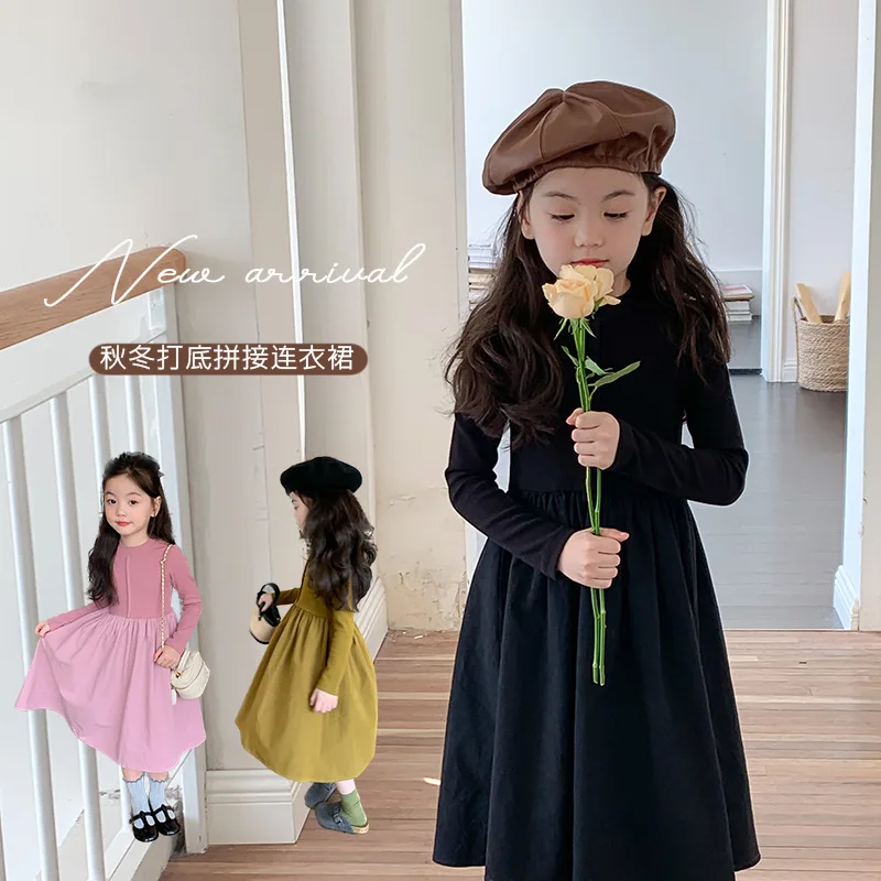 

baby girls long mid calf dress Korean princess children autumn high waist A-line midi dress kids clothes vestidos 2 to 12 yrs
