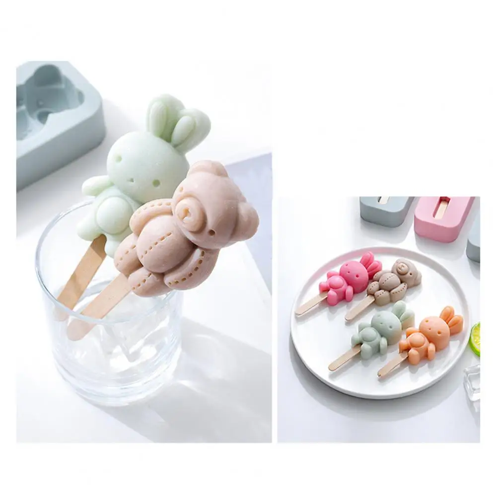 Ice Cream Mold With 20 Sticks Silica Gel Bear Rabbit Shaped Popsicle Mold Silicone Mold DIY Ice Cube For Summer Kitchen Gadget