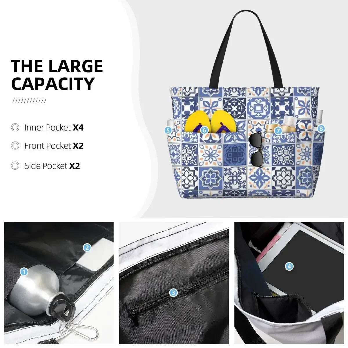 Blue Portuguese Tile Beach Travel Bag, Tote Bag Popular Practical Out Birthday Gift Multi-Style Pattern