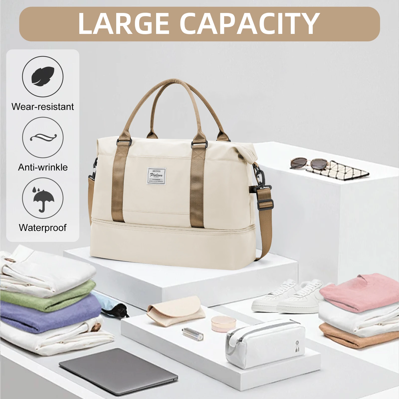 Women's Large Capacity Bag, Airplane Travebags Weekend Bag,Sports and Gym Travel Backpack,Expandable Waterproof Travel Bag Khaki