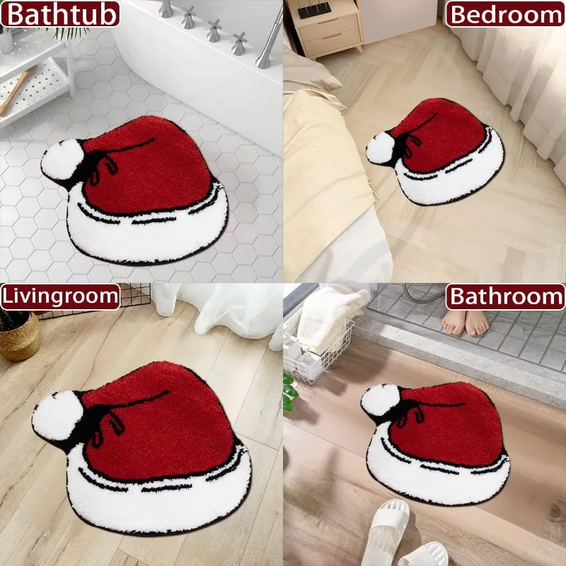 Christmas Hat Bath Rug Cute Red Hat Pattern Soft Bath Mat Water Absorbent Bathroom Floor Rugs Non Slip for Bedroom Entryway