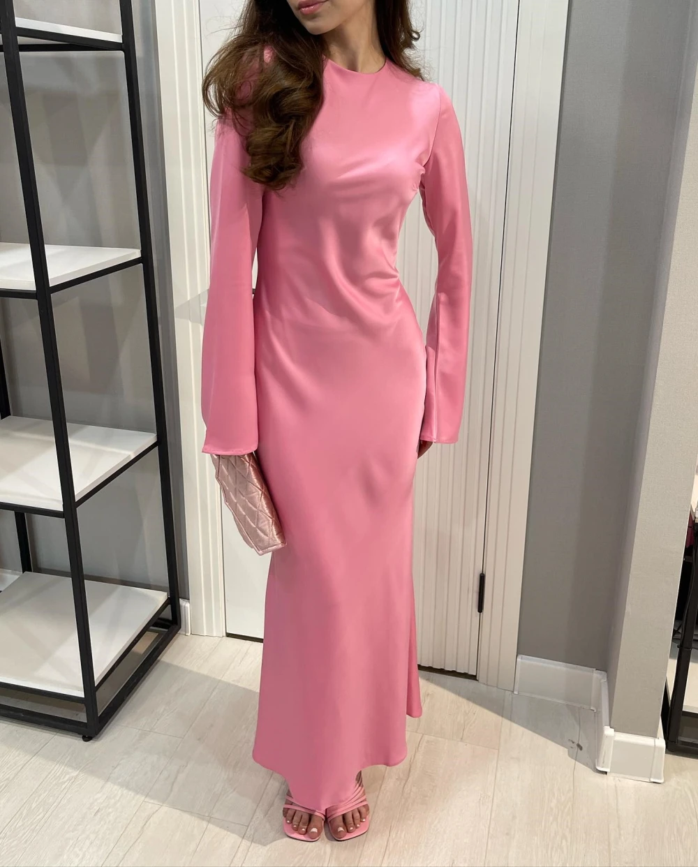 

POMUSE Pink O-Neck Prom Dress Silk Satin Backless Ankle Length Simple Evening Dresses robe de soirée de mariage فساتين السهرة