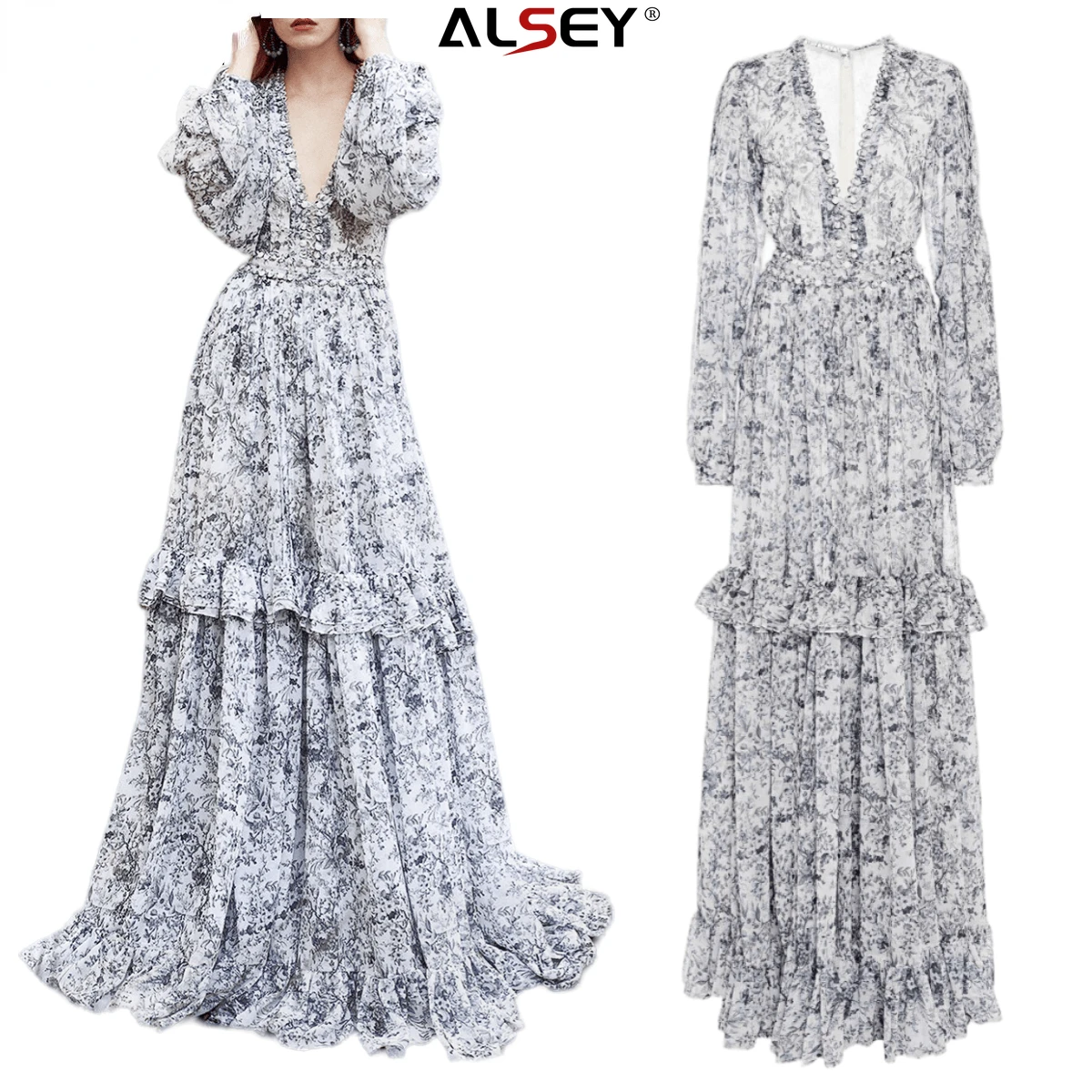 

ALSEY High Quality Spring Floral Dresses Women's Slim Fashion Temperament Skirt Long Sleeve Large Swing Dress V-neck Sexy Dress