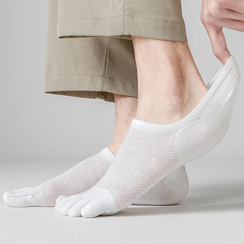 Men Socks 3Pairs Running Open Toe Elastic Short Solid Cotton Sweat-absorbing Five Finger Invisible Low Cut Boat Ankle
