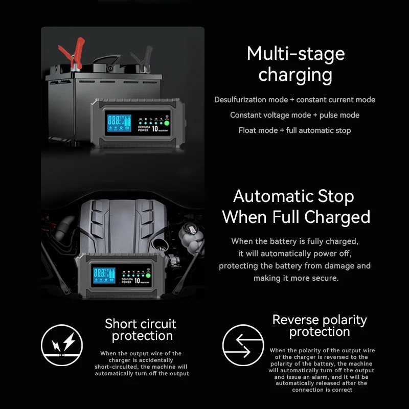 12V 10A Automotive Battery Charger 24V 5A Car Battery Charger Fast Charging For AGM GEL WET Lead Acid LCD Display Motorcycle