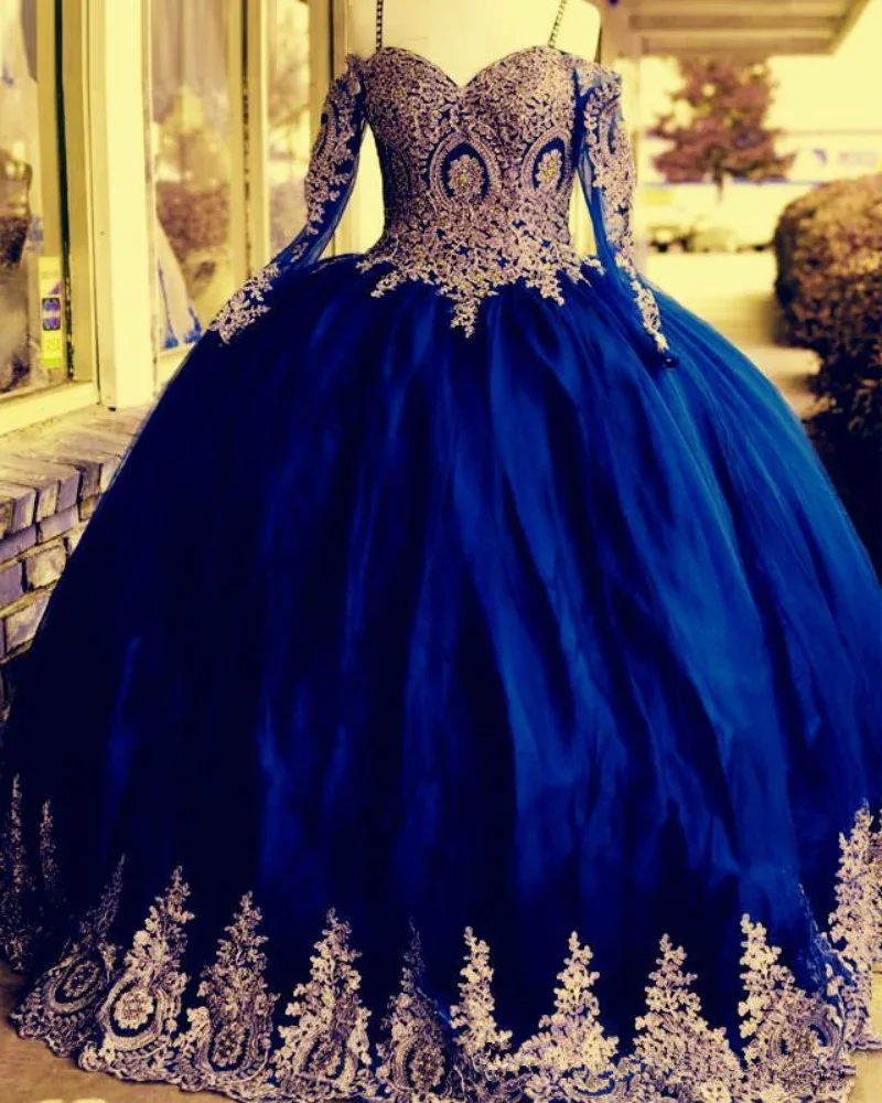 

Royal Blue Gold Applique Ball Gown Quinceanera Dresses Long Sleeves Tulle Sweet 16 Party Dress Vestidos De Fiesta