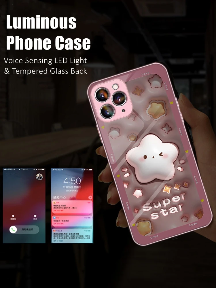 

Girls Cute Gift Pink LED Light Glow Luminous Tempered Glass Phone Case for Huawei P30 40 50 60 Mate 60 40 50 Nova 10 Plus Ultra