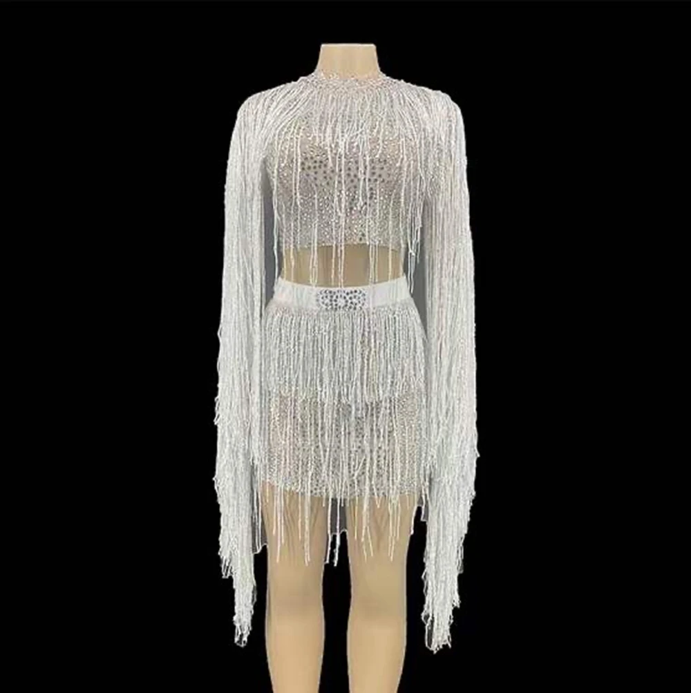 

Silver Shining Rhinestones Tassel Sexy Top And Dress Two Pieces For Women Prom Dance Clothing Stage Singer Costume Party Wears