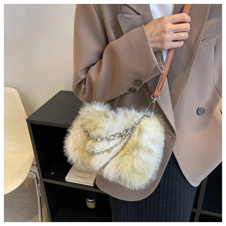 JIAERDI Vintage Y2K Handbag Women Autumn New Hot Girls Chain Plush Soft Shoulder Bag Ladies Harajuku Grey Underarm Bag Aesthetic