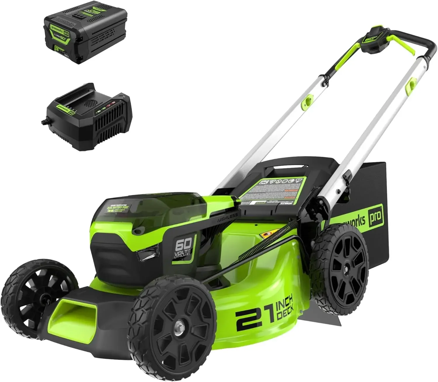 60V 21&rdquo; Cordless (Push) Lawn Mower (LED Lights + Aluminum Handles), 5.0Ah Battery and Rapid Charger