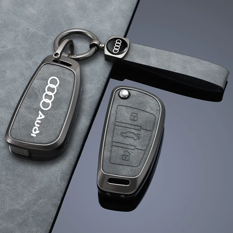 Funda de cuero para llave de coche, carcasa protectora de aleación para Audi A1 A3 A4 A5 A6 A7 A8 Q2 Q3 Q5 Q7 Q8 S3 TT Sline, accesorios con adhesivo