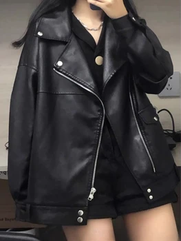Vestes en similicuir PU noir pour femmes, style motard européen, couleur unie, coupe oversize décontractée