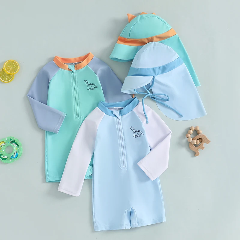 0-3Years Baby Boys Swimwears Contrast Color Dinosaur Print Long Sleeve Mock Neck Zip Bathing Suit with Hat Toddlers Rash Guard