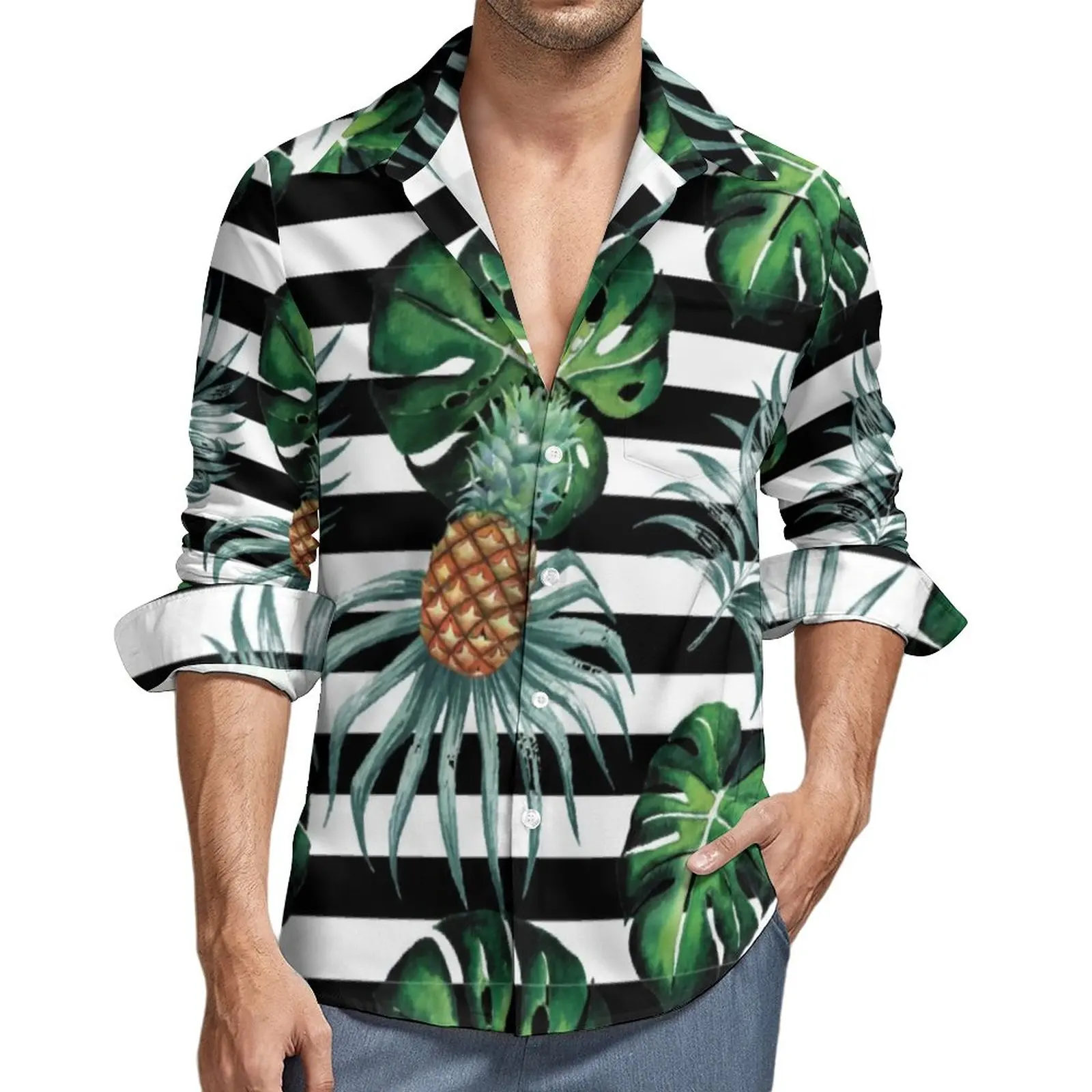 

Watercolor Tropical Shirt Men Pineapple And Stripes Casual Shirts Spring Graphic Blouses Long Sleeve Y2K Oversized Top Gift Idea