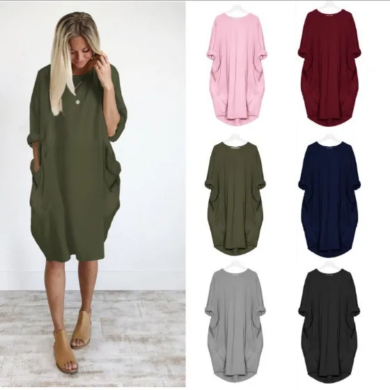 

New Women's Clothing Popular 2023 Casual Loose Pocket Long Sleeved Dress