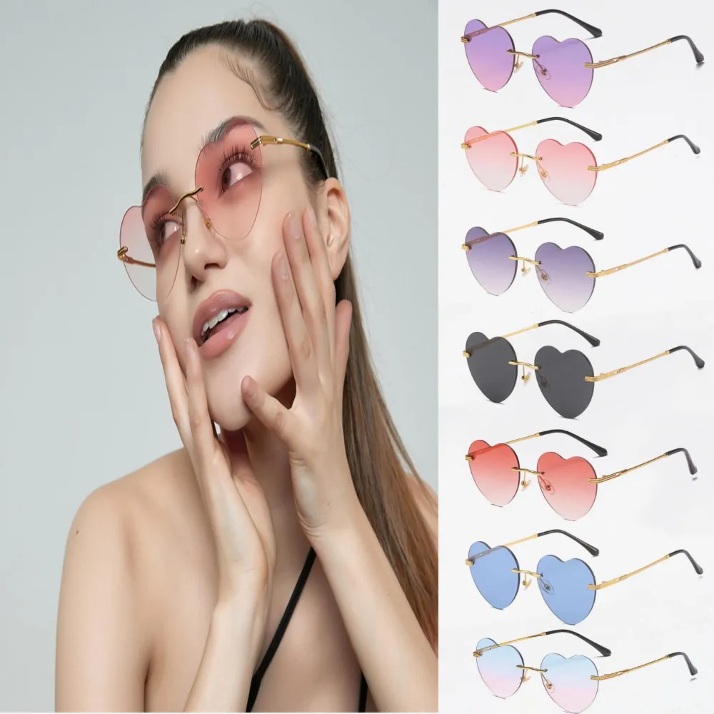 

1Pc Heart Shaped Sunglasses Metal Women Brand Designer Fashion Rimless Love Clear Ocean Lenses Sun Glasses Oculos UV400