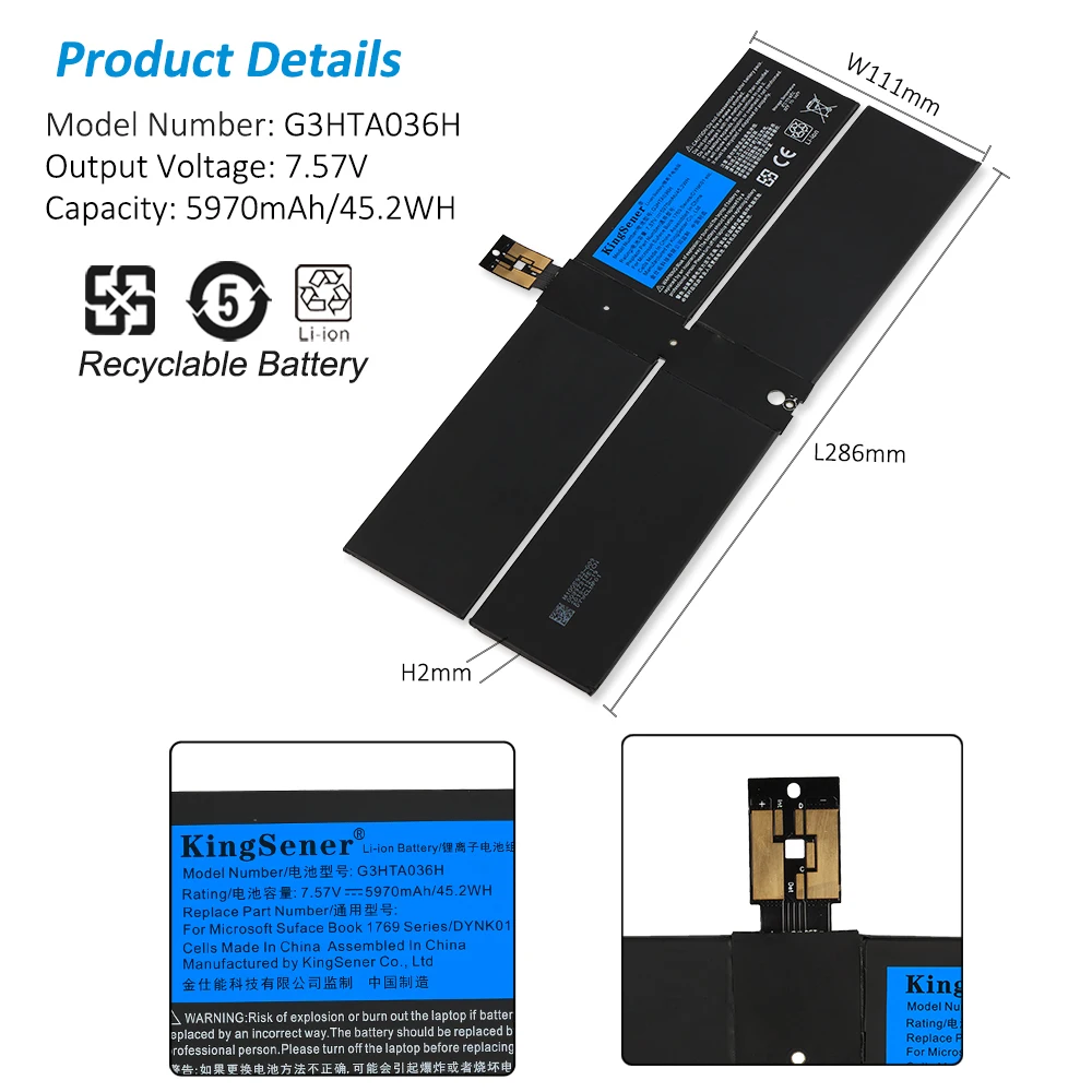 Kingsener-bateria do Portátil para o Microsoft Surface 1ª Geração 1769 2023 Série 7.57v 54.2 wh 5970mah Células G3hta036h Dynk01 - Imagem 4