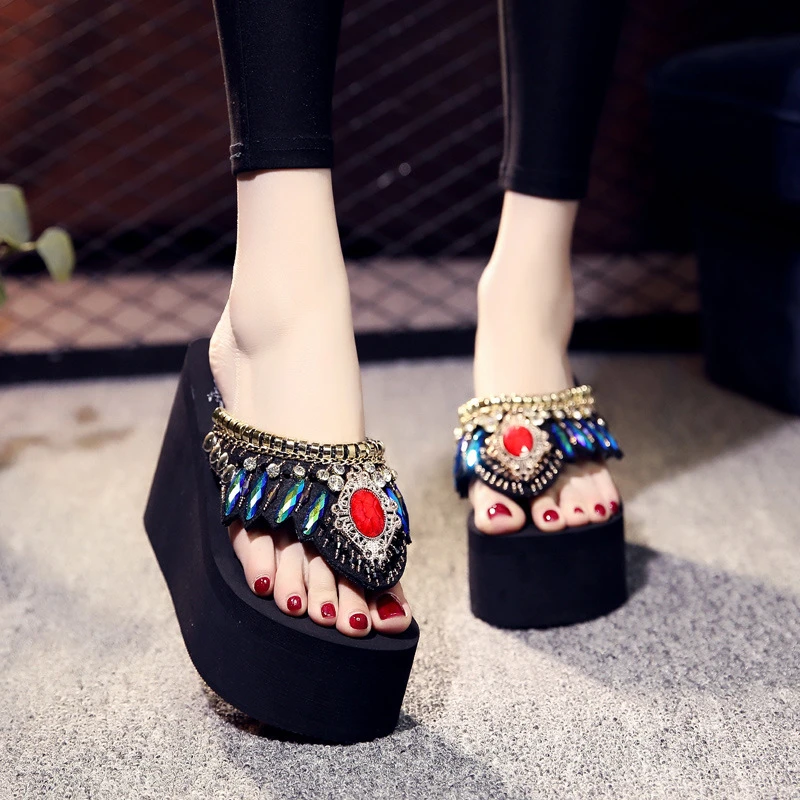 Chanclas de tacón de cuña mujer y zapatos de playa de 9cm, zapatillas de plataforma de fondo ligero 35 37 38 39, deslizadores femeninos de verano|Chancletas| - AliExpress