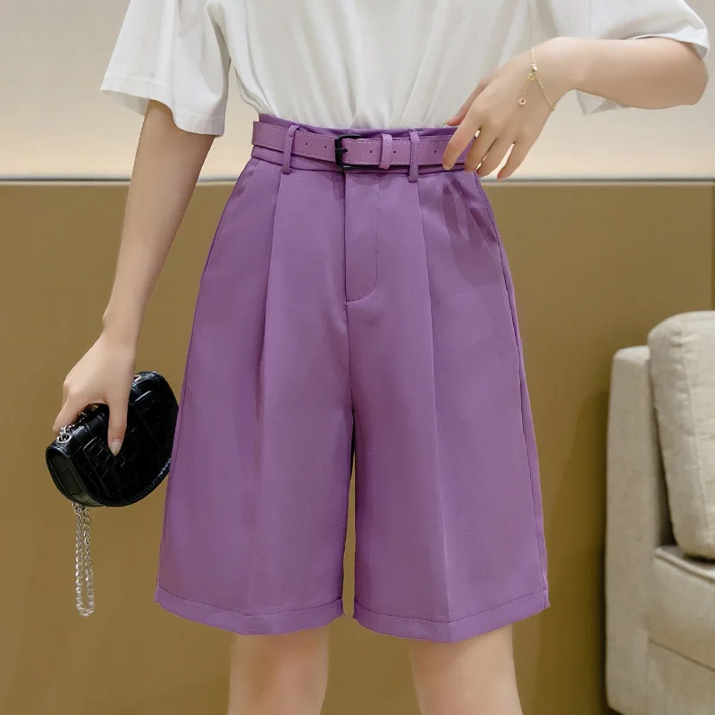 New 2022 Wide Leg Loose Bermuda Shorts For Women High Waist Purple Or