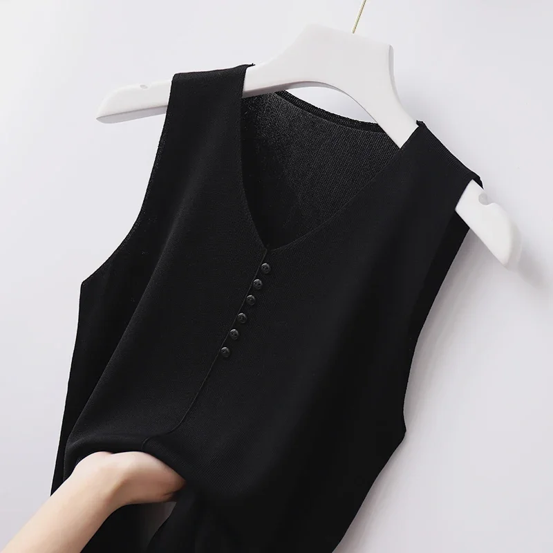 2024 Summer Tops New Solid Color Ice Silk V-neck Women's Sleeveless Knitted Vest Women's Summer Thin Sleeveless Vest 10098