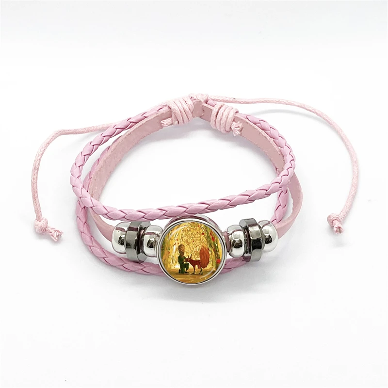The Little Prince Bracelet Women Kids Classic Cartoon Figure Fox Glass Button Woven Leather Bracelets for Couple Bangle Gift 6
