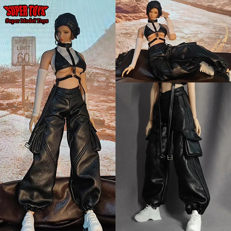 

1/6 Female Fashion Clothes Suit Sleeveless Vest Leather Triangle Bikini Bra Waist Bandage Cargo Pants for 12" Action Figure