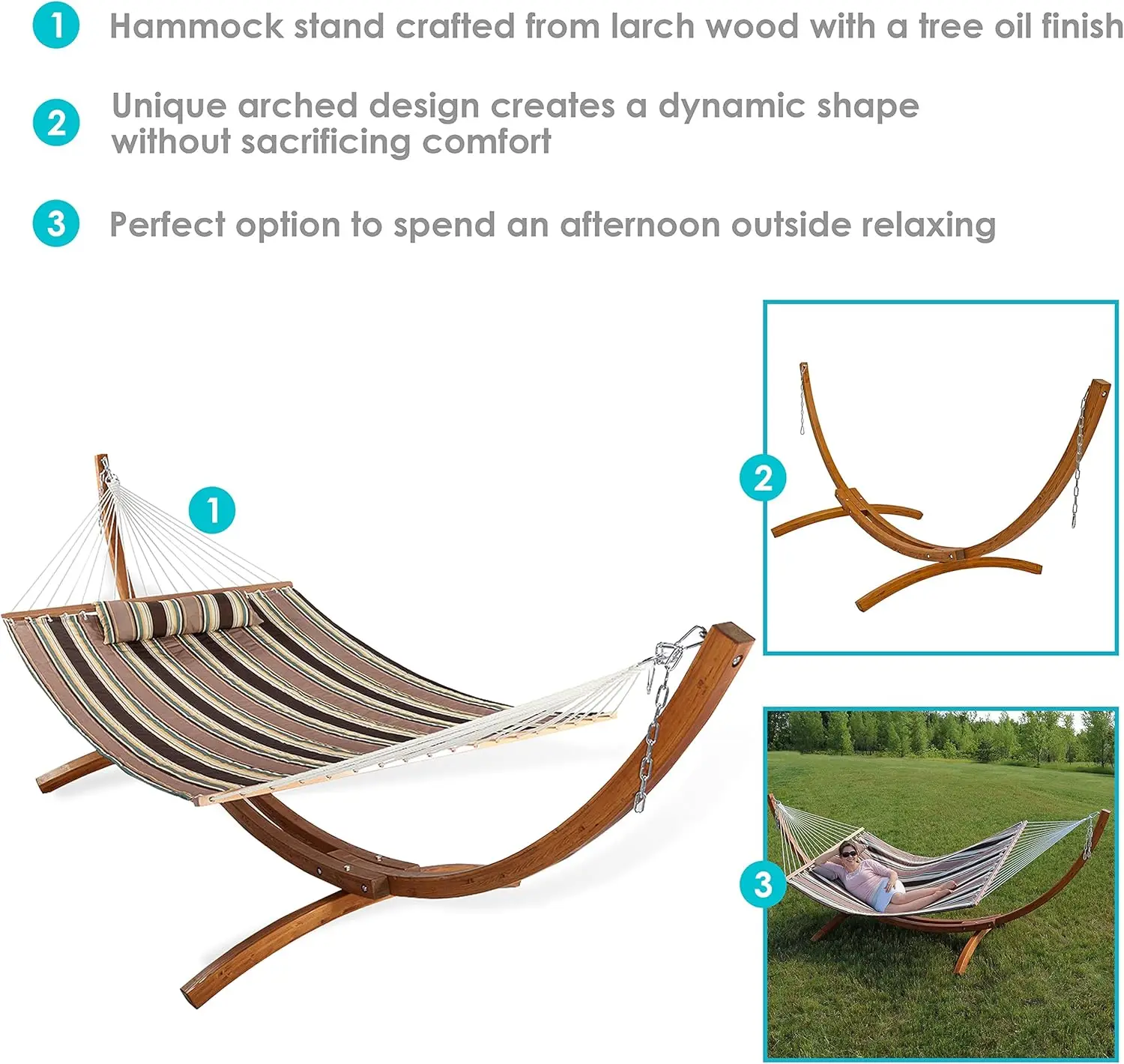 Double Quilted Fabric Hammock with 12 Foot Curved Arc Wood Stand 400 Pound Capacity Sandy Beach stylish design