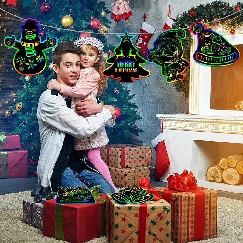 

12pcs Colorful Scratch Paper DIY Creative Bookmark Christmas Decoration Children Scratch Painting Handmade Christmas Easter Gift