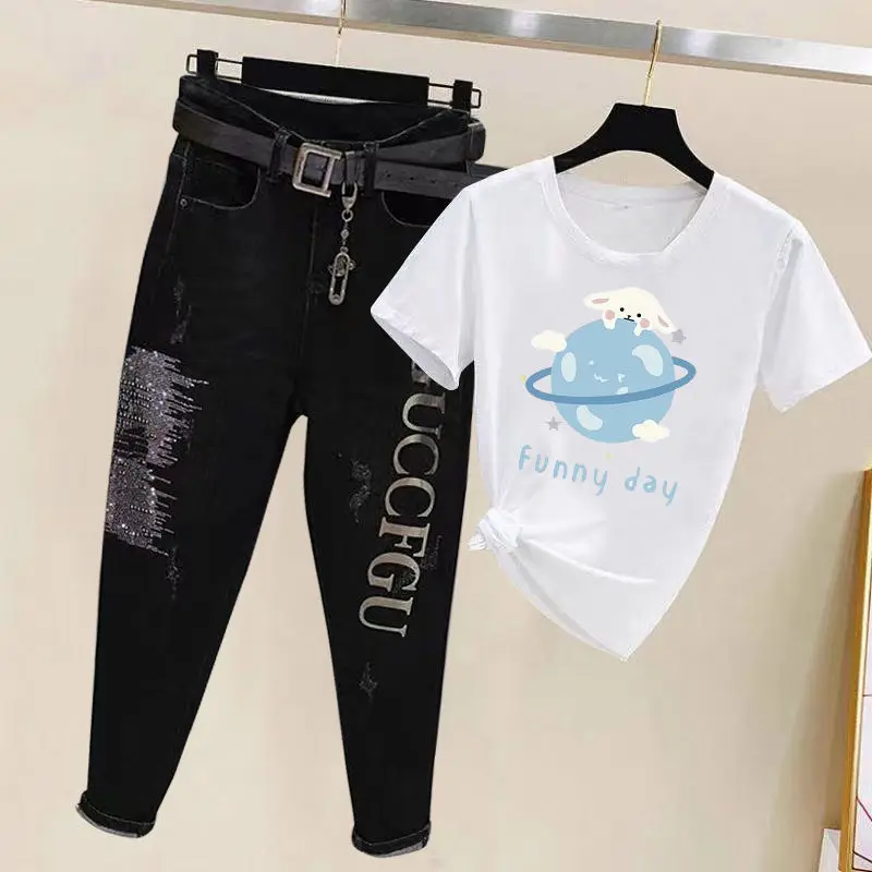 Spring/Summer 2023 New Letter Loose Slim Small Feet Haren Pants+Fashion Korean Short Sleeve T-shirt Jeans Two Piece Set