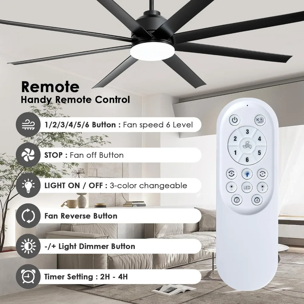 72 Inch Industrial Ceiling Fan-Black Big Ceiling Fan with Light, Large Outdoor with 6-Speed Remote Control