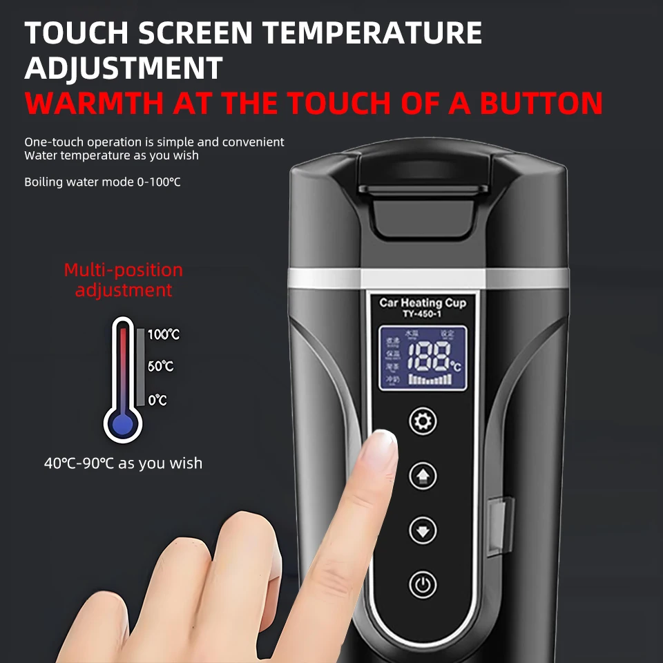 450ml Car Travel Electric Kettle 12V/24V Multi-Temp Adjustment Thermos Cup Large Display Car Heating Cup for Brewing Coffee Tea Electric Kettle Car Heater Mug Beverage Cup