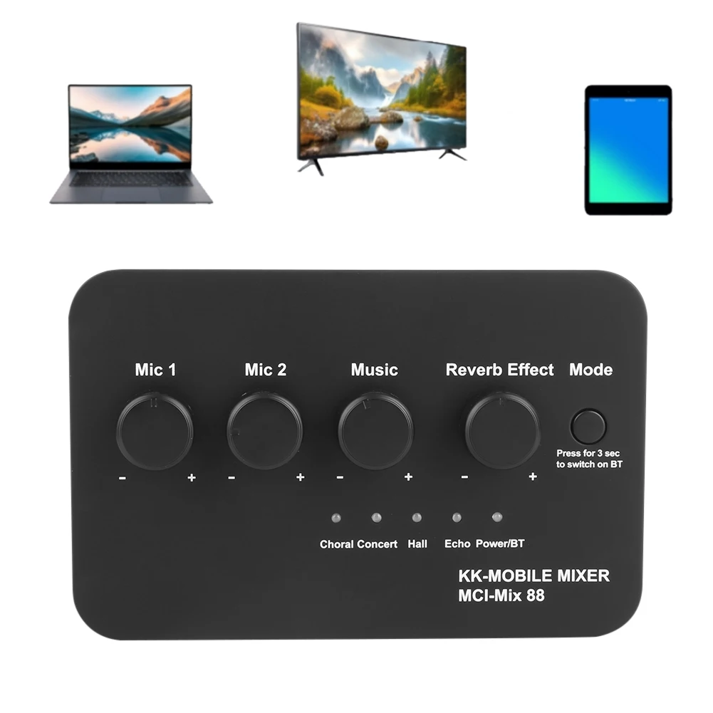 Portable Karaoke Microphone Mixer 3.5mm AUX BT Connection with 2 Mic Inputs Karaoke Sound Mixer for Smart TV PC Speaker