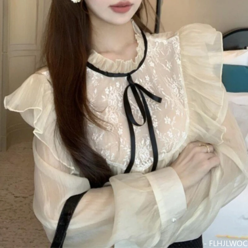 단추 러플 상의, 로맨틱 부드러운 여성 데이트 소녀 레트로 셔츠 블라우스, 빈티지, 중국 스타일, 템퍼러먼트 디자인, 인기 2024