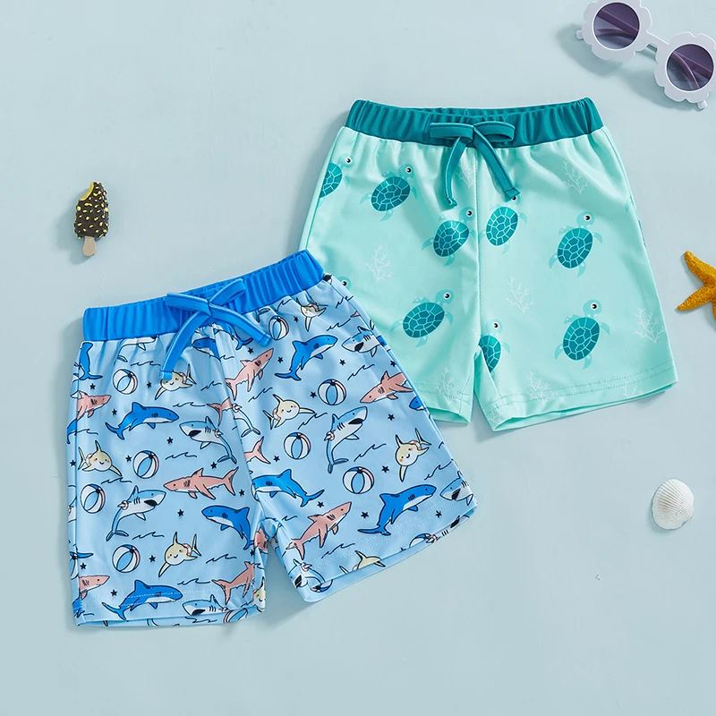 Toddler Boys Swim Trunks Cute Shark/Sea Turtle Print Elastic Waist Beach Shorts Kid Board Shorts
