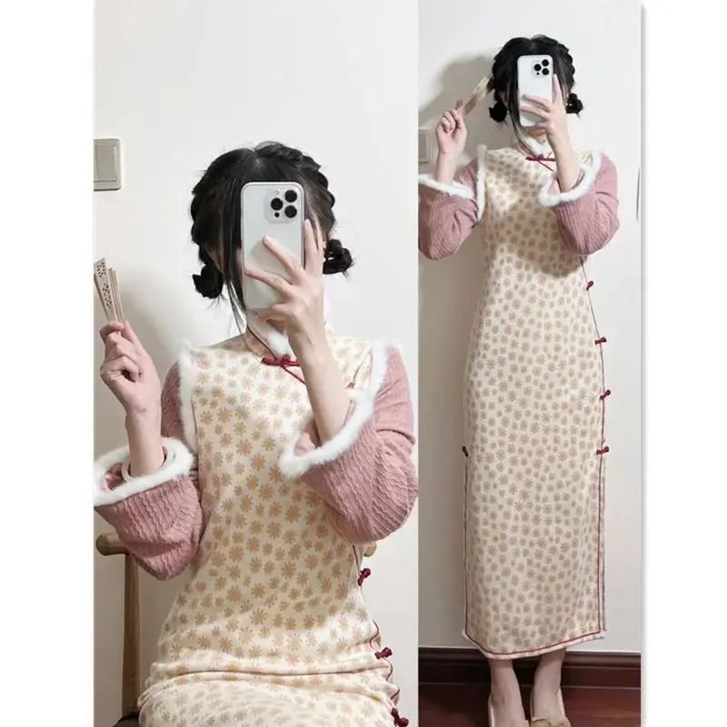 

Wool Collar Thickened Cheongsam Long Sleeve 2022 New Dress In Autumn and Winter