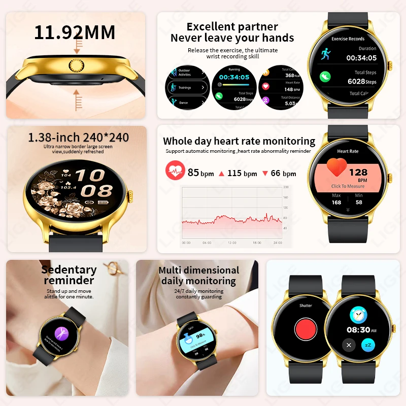 LIGE Smart Watch Sports Fitness Men Women Heart Rate Health Monitor Bluetooth Call IP68 Waterproof Watch Alarm Clock Smartwatch