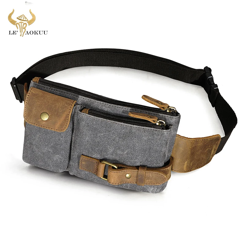 

Water Resistant Canvas + Genuine Leather Travel Fanny Waist Belt Bag Sling Chest Pack Design Phone Case For Men Male 8135