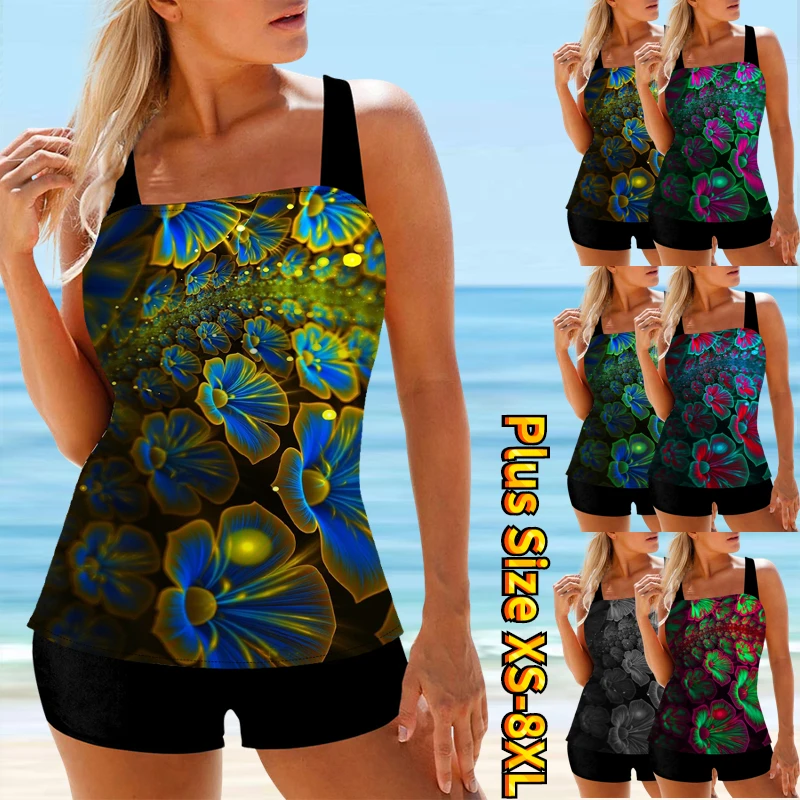 

2023 Summer Women's Vintage Printing Swimwear High Waist Loose Tankini Trend Monokini Two Piece Set Bathing Suit Sexy Swimsuit