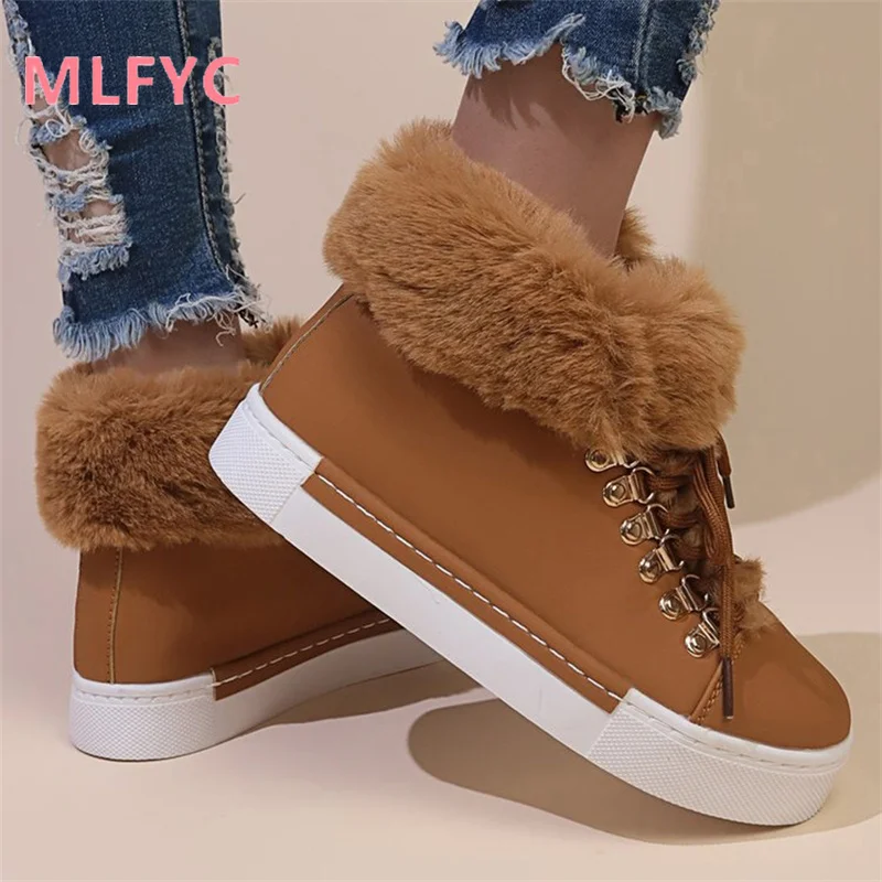 Flat Bottom Winter New Women's Cotton Boots Flat Bottom Lace up Women's Velvet Warm Snow Boots Short Boots mujer