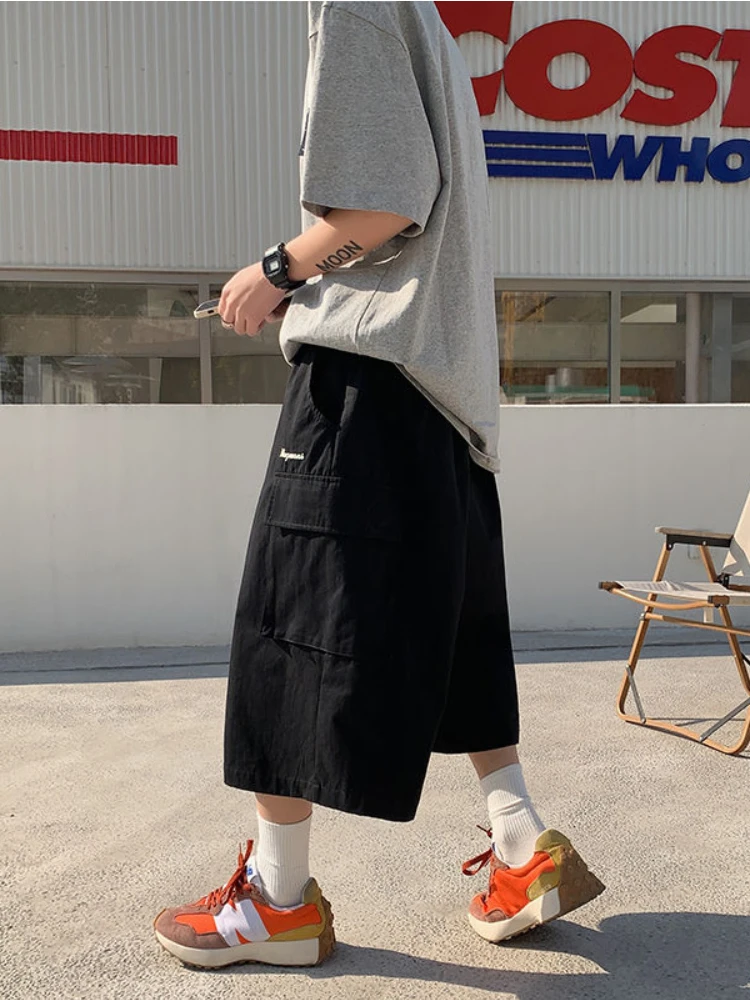 Japanese Streetwear Beige Cargo Capri Pants Women Harajuku Hippie Pockets Oversize Wide Leg Trousers Jogging Summer