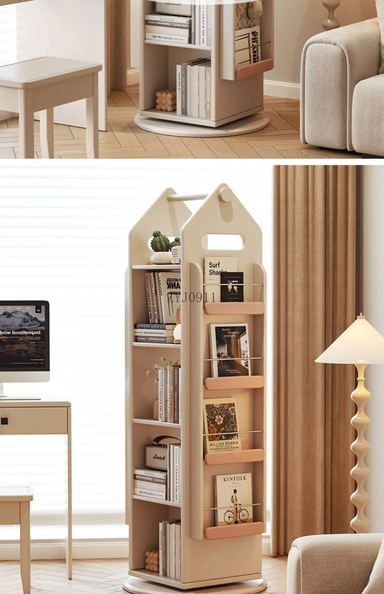 **Rotating bookshelf storage Solid wood small floor rack Multi-layer small bookcase Household children's picture book bookcase